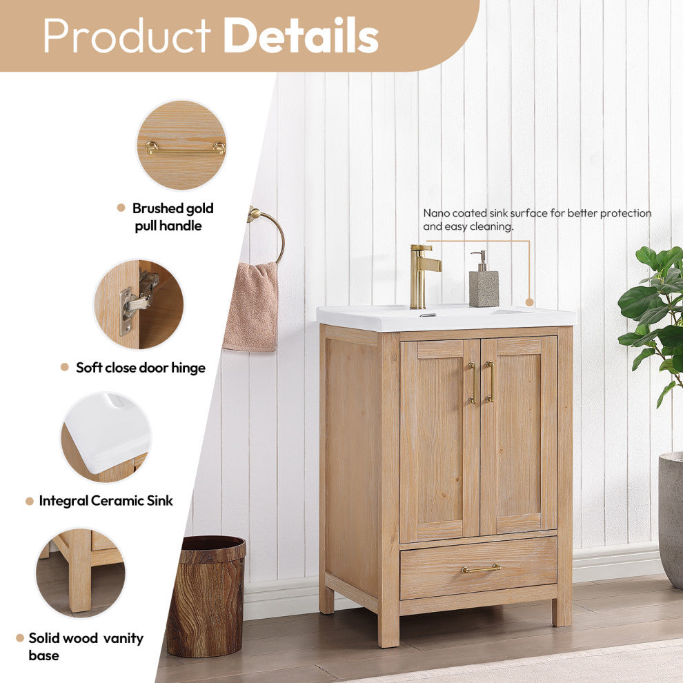 Gela Single Bath Vanity with Ceramic Basin Top, Fir Wood Brown, 24", No Mirror