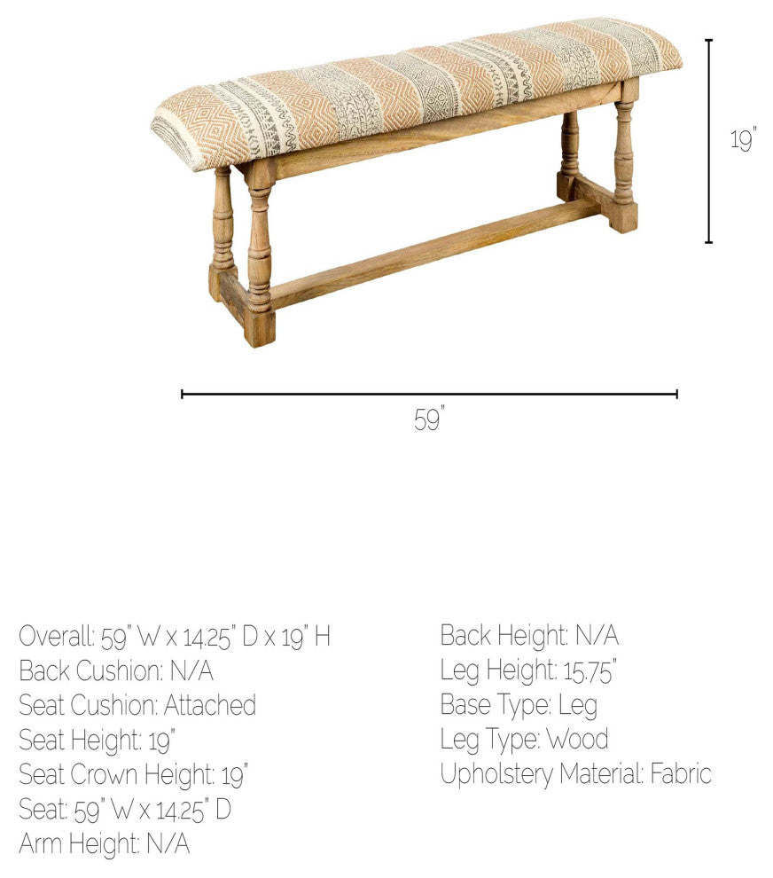 Greenfield II Tan Patterned Jute With Solid Wood Frame Accent Bench