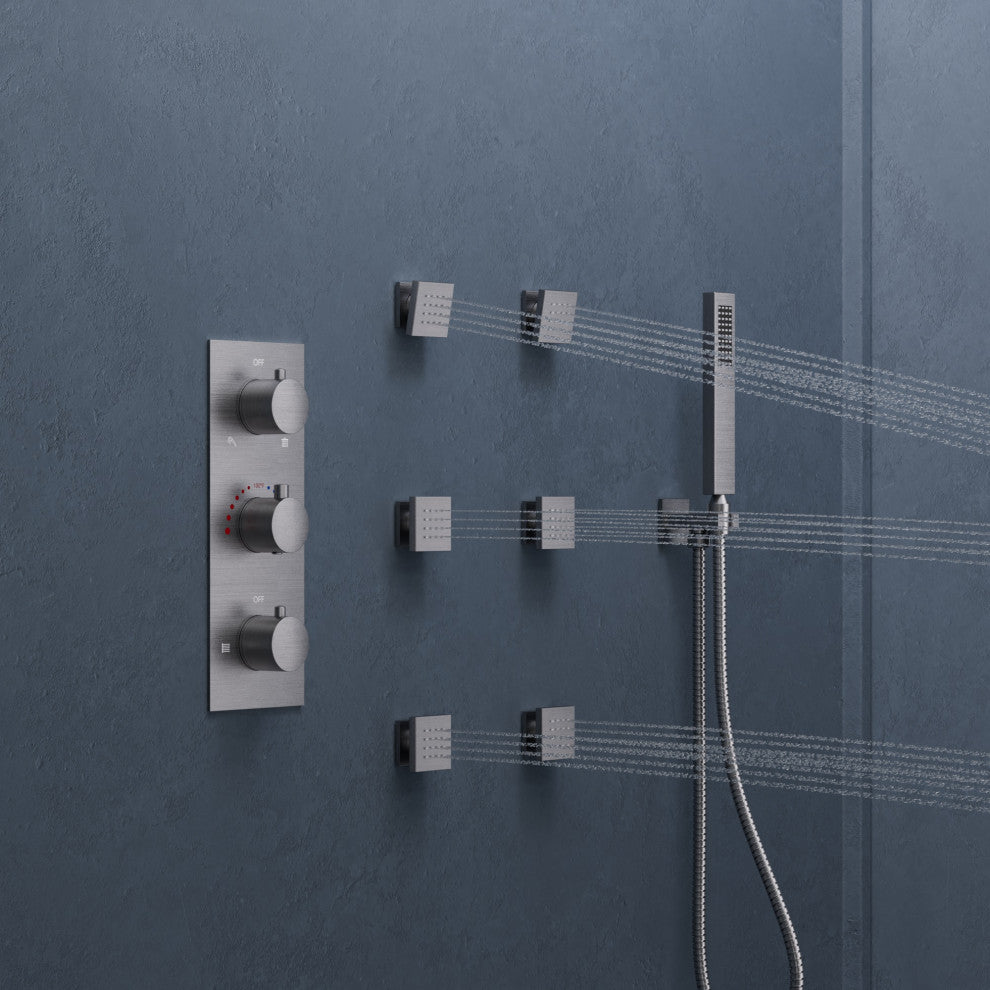 LED Thermostatic Shower System 12" Rain Shower Head with 6 Body Jets, Brushed Nickel