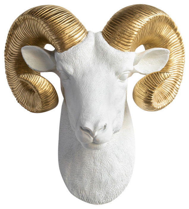 Resin Ram Head Wall Mount, White and Gold