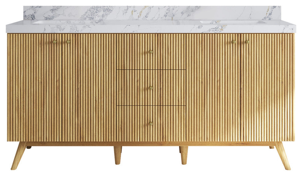 Pasadena 72" Double Sink Bath Vanity, Light Natural Teak 2" Calacatta Poanazzo