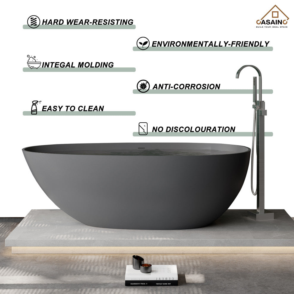 67in Solid Surface Freestanding Bathtub in Matte Black, Matte Grey