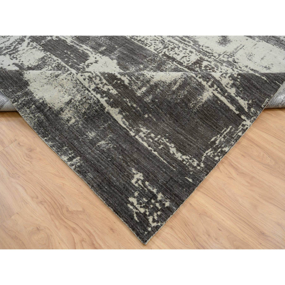 Black, Modern Design, Wool and Silk, Hand Loomed, Oversized, Rug, 12'0" x 18'1"