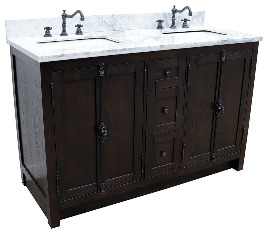 55" Double Vanity, Brown Ash Finish With White Carrara Top
