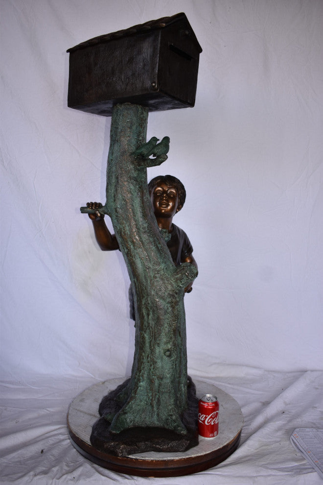 A Boy Standing by His Mailbox Looking at Birds Bronze Statue 25" x 22" x 51"H