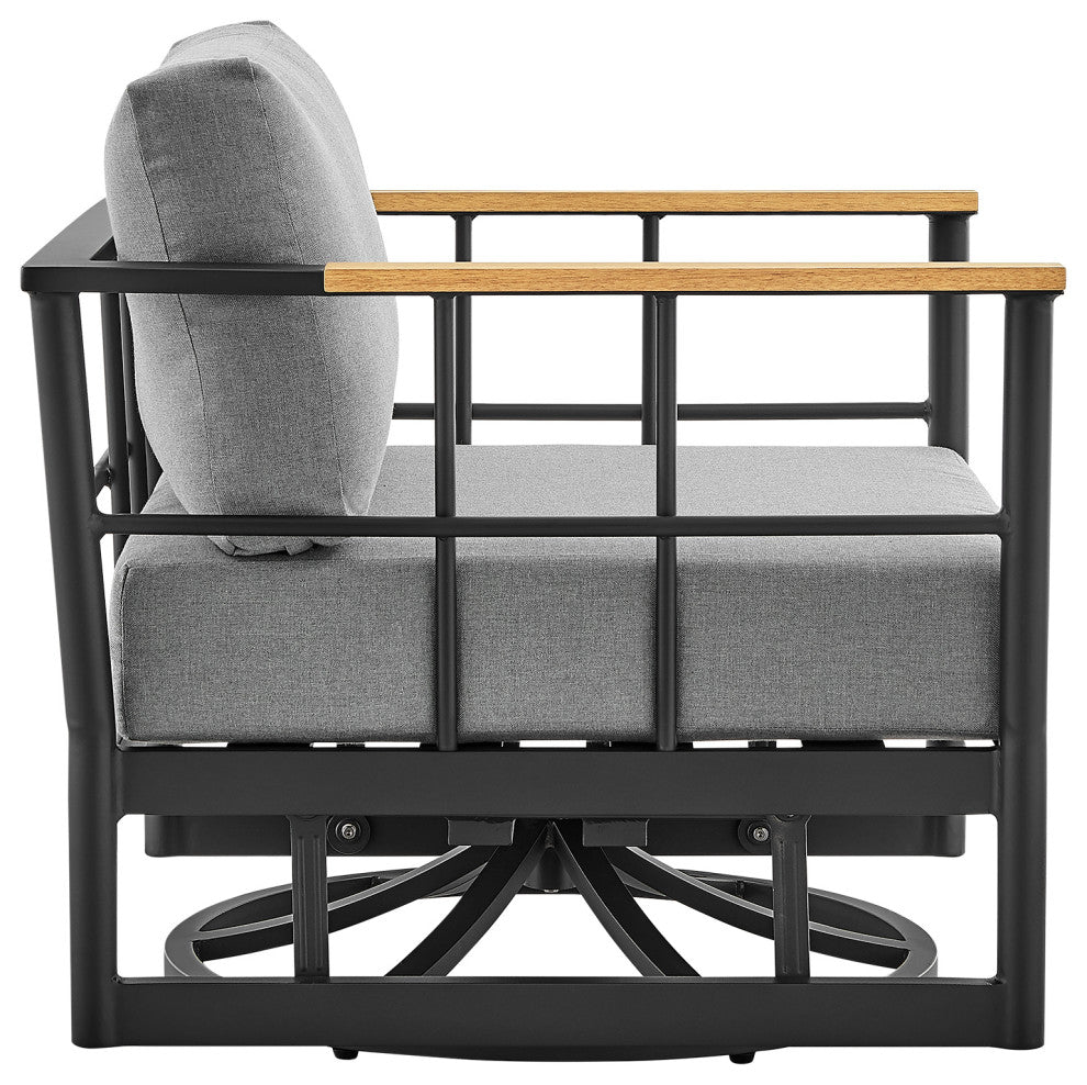 Shari Patio Swivel Glider Lounge Chair in Black Aluminum and Teak Wood