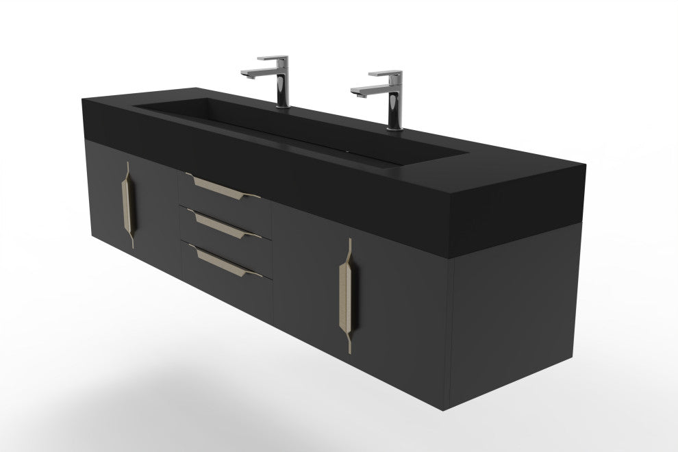 CastelloUSA Nile 72" Wall Mounted Bathroom Vanity Set, Black, Black Top, Gold Handles