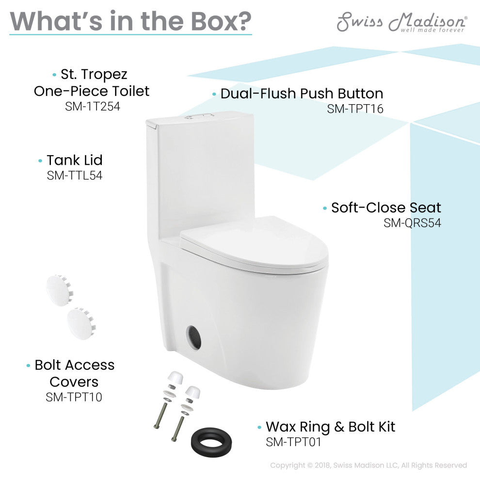 St. Tropez Elongated Toilet, Dual Vortex Flush, Glossy White