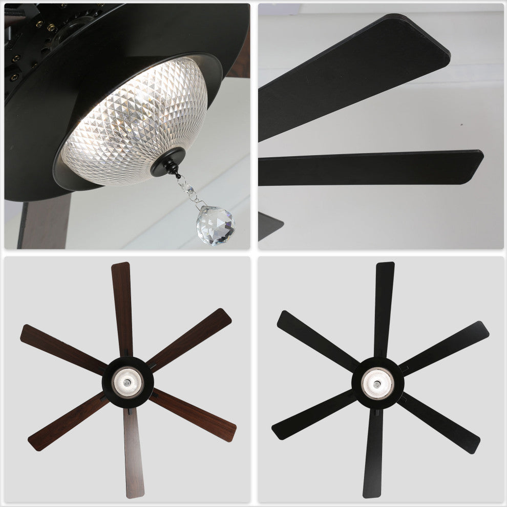 72" Antique Lagre Ceiling Fan, Wood Blades and LED Lights Kit w Crystal Shade, Gold