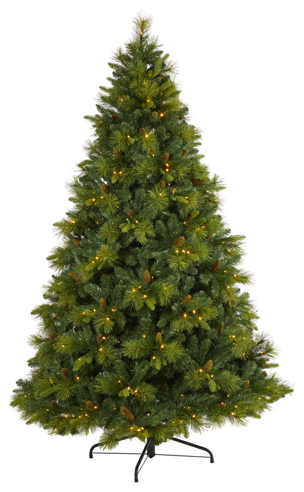 7.5' North Carolina Pine Faux Xmas Tree W/Lights, Bendable Branches & Pinecones
