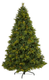 7.5' North Carolina Pine Faux Xmas Tree W/Lights, Bendable Branches & Pinecones