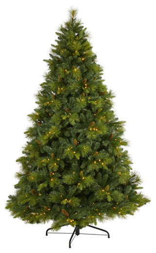 7.5' North Carolina Pine Faux Xmas Tree W/Lights, Bendable Branches & Pinecones