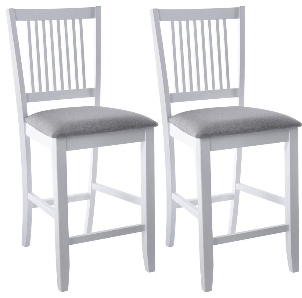 Set of 2 Slat-Back Padded Wood Counter Stools, White