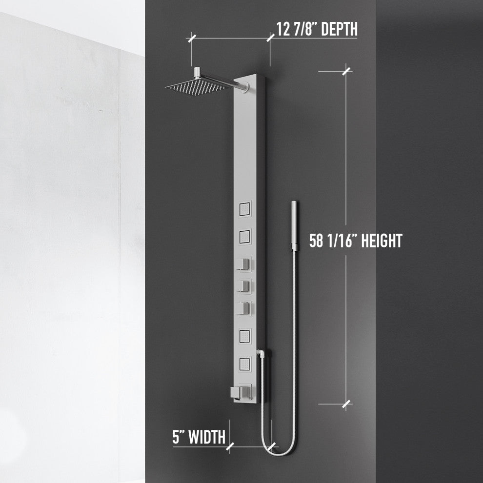 Bowery 58" H x 5" W 4-Jet Shower Panel with Square Shower Head and Tub Filler, Stainless