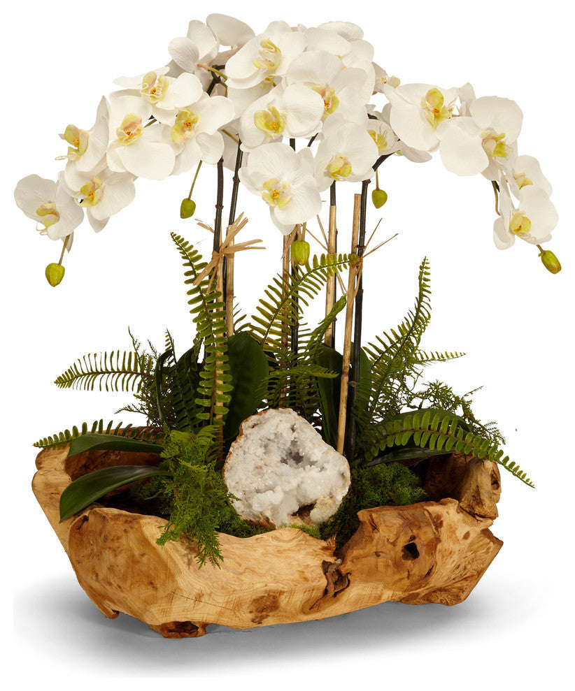 Orchid and Geode in Wood Bowl, White