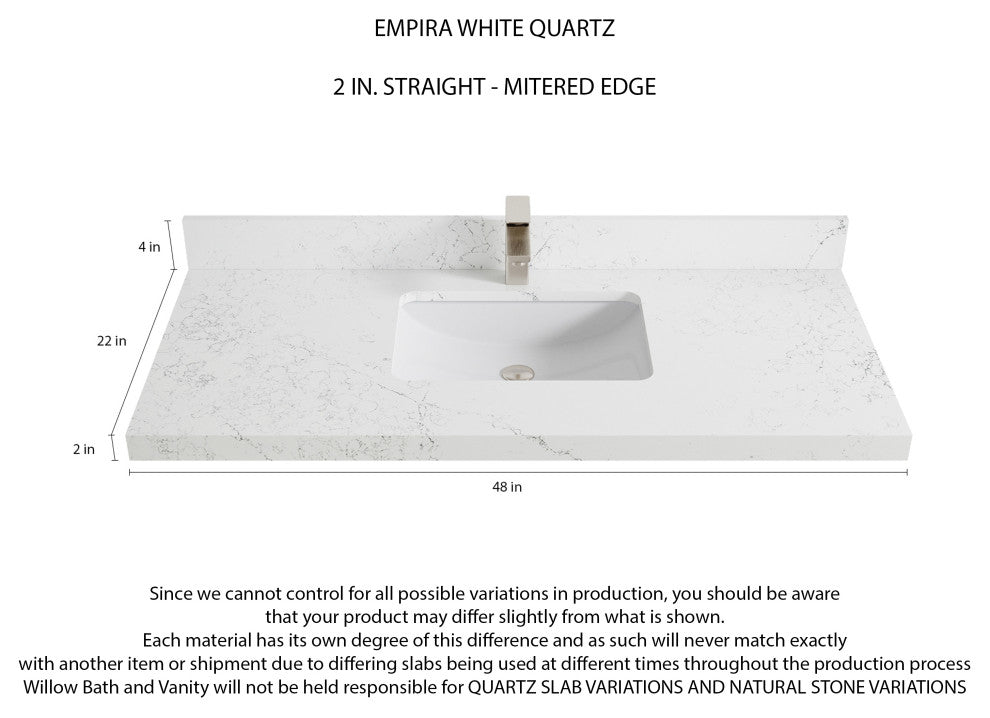 Willow Collections Malibu Vanity, White, Empira Quartz, 48" Single