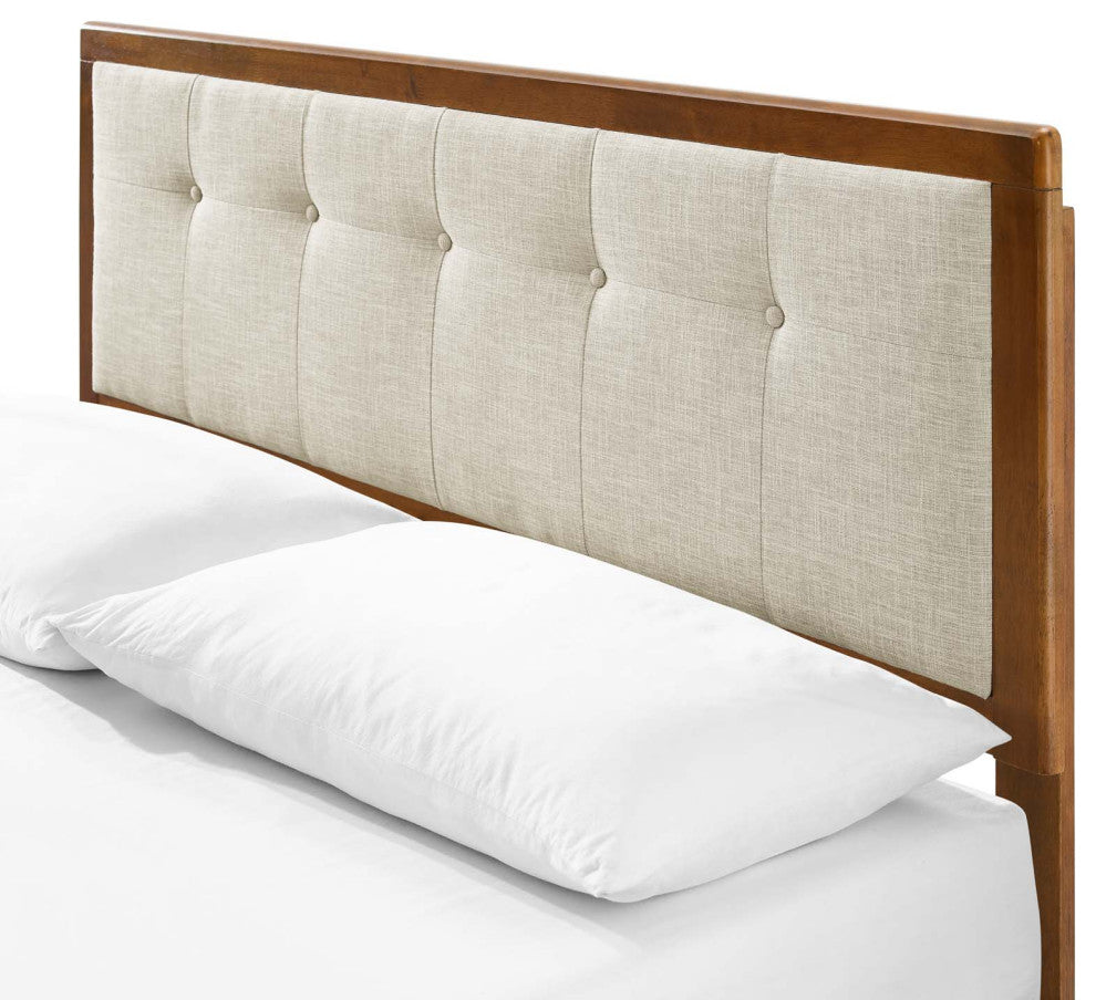 Platform Bed Frame, King Size, Wood, Brown Walnut Beige, Modern Mid-Century