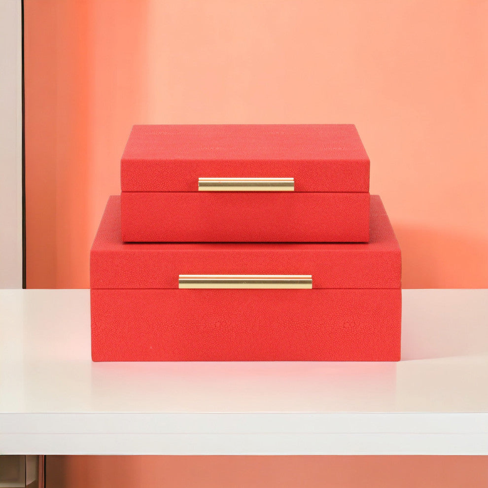Lusan Square Decorative Box Set, Red Faux Shagreen
