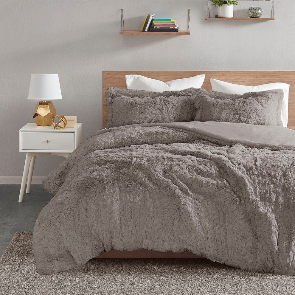 Intelligent Design Malea Shaggy Fur Duvet Cover Set, Grey