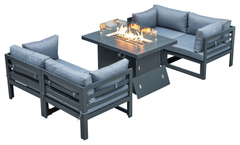 Chelsea 5-Piece Sectional Loveseat and Fire Pit Table Set, Blue