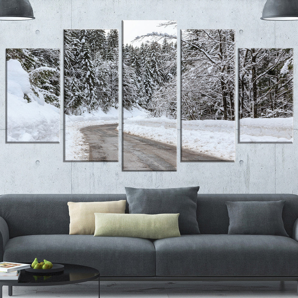 Foggy Winter Road in Slovenia, Large Landscape Canvas Art, 60"x32", 5 Panels