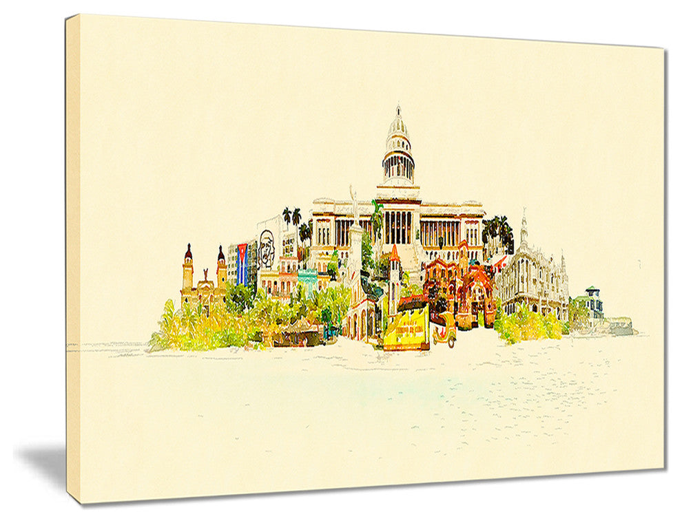 "Havana Panoramic View" Cityscape Watercolor Canvas Print, 20"x12"
