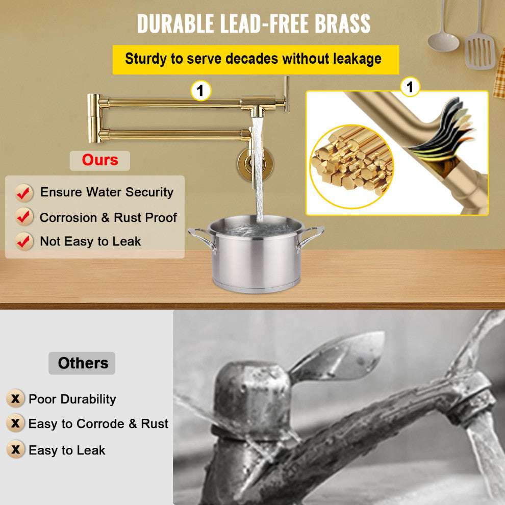 VEVOR Pot Filler Faucet Solid Brass Wall Mount Kitchen Faucet 24.4", Brushed Gold