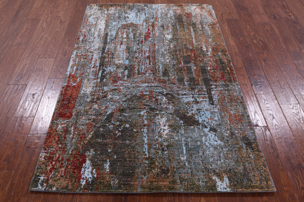 4' 0" X 6' 1" Modern Bridge Design Handmade Wool and Silk Rug Q8896