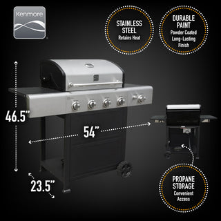 Kenmore 4 Burner Open Cart Gas Grill with Side Burner