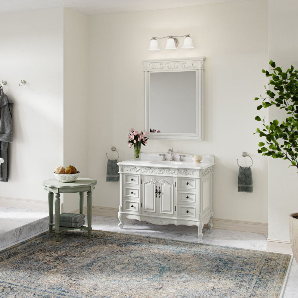 Antique White Traditional Style Single Sink Beckham Bathroom Vanity, White, 42", Single Sink, With Mirror, Freestanding