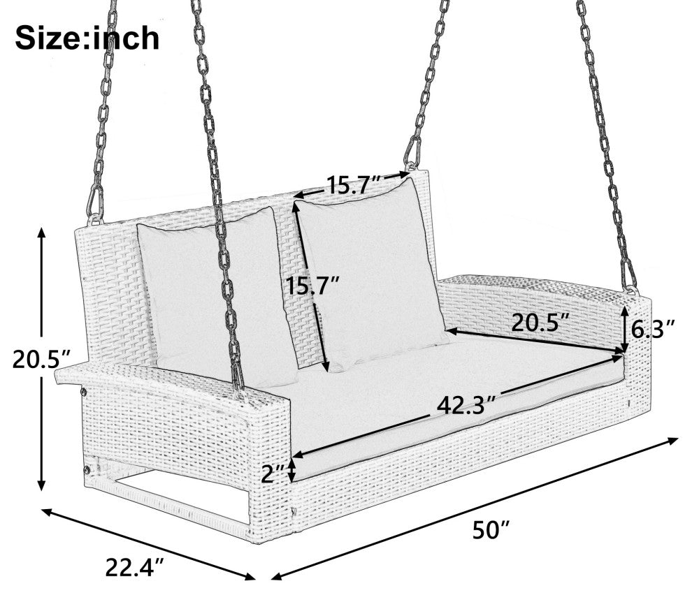 2-Person Wicker Hanging Rattan Porch Swing, Chains, Cushion, and Pillow, Gray Wicker