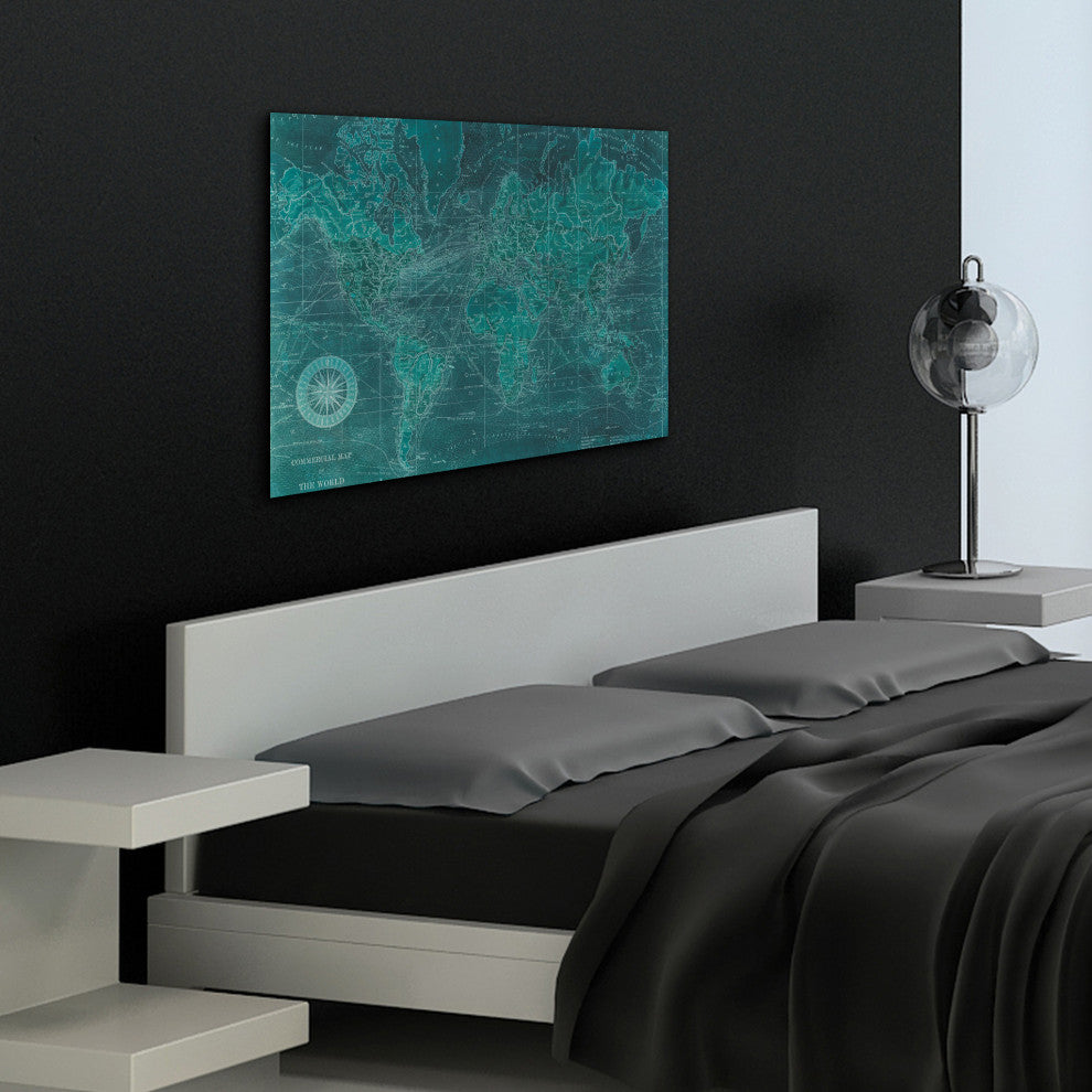 "Azure World" World Map Wall Art on Frameless Tempered Glass 48" x 32"