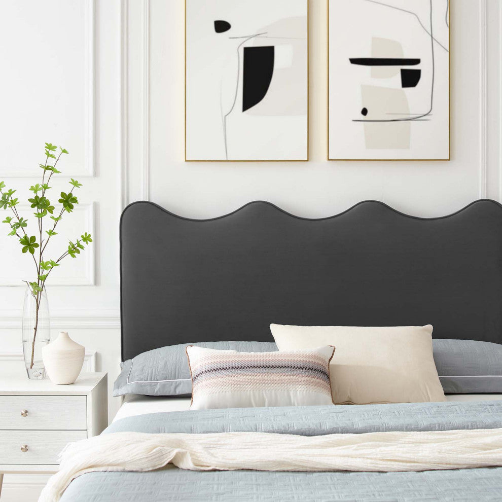 Platform Bed Frame, King Size, Charcoal Gray, Velvet, Modern, Guest Suite