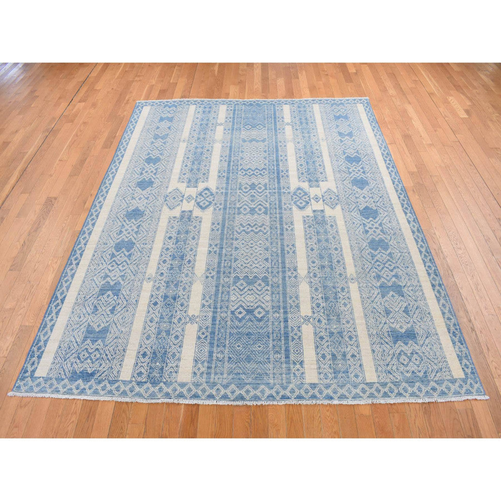 Medium Sapphire Blue, Pure Wool, Fine Peshawar Hand Knotted Rug, 7'10"x9'8"