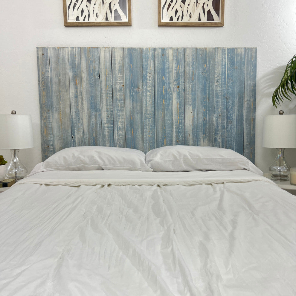 Solid Wood Headboard Modern Farmhouse with Smooth Natural Wood Grain for Any Bed, Blue Powderwash, King