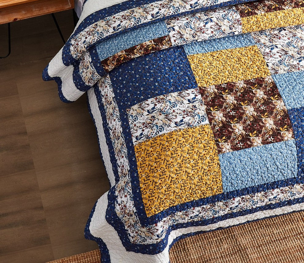Tache Prairie Sunset Floral Farmhouse Cotton Patchwork Reversible Quilt Set, Cal