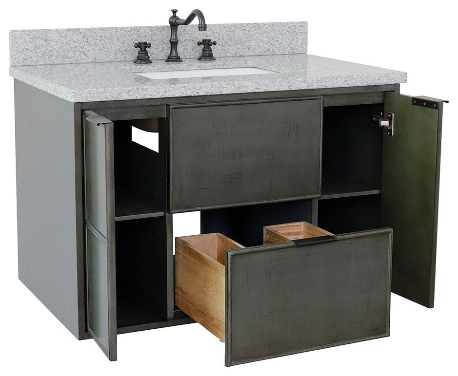 37" Single Wall Mount Vanity, Linen Gray Finish With Gray Granite Top