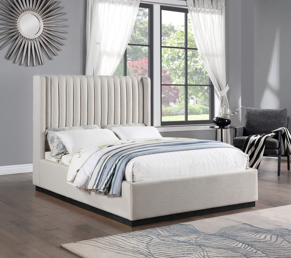 Logan Beige Linen Textured Fabric Twin Bed, Beige, Full