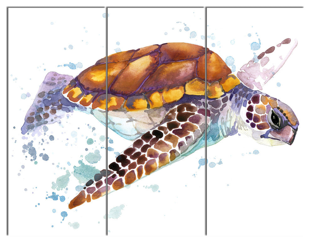 Brown Sea Turtle Watercolor, Contemporary Animal Art Canvas, 36x28, 3 Panels