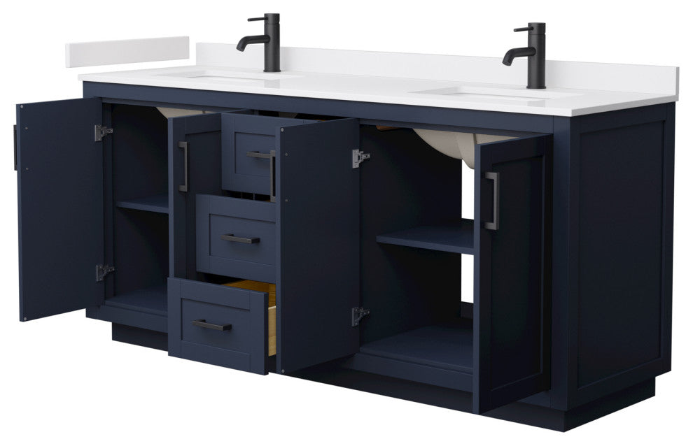 72"DBL Vanity Dark Blue, White Cult. Marble Countertop, Sinks, Black Trim