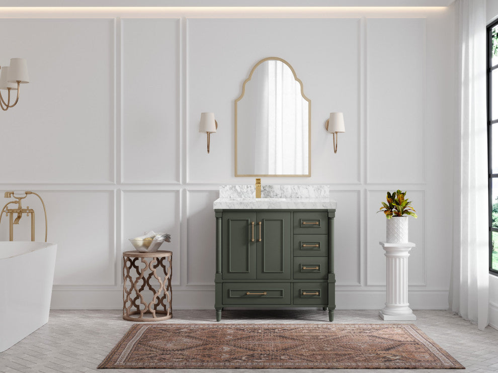 Aberdeen 36 Left Offset Bath Vanity in Pewter Green 2" Carrara Marble