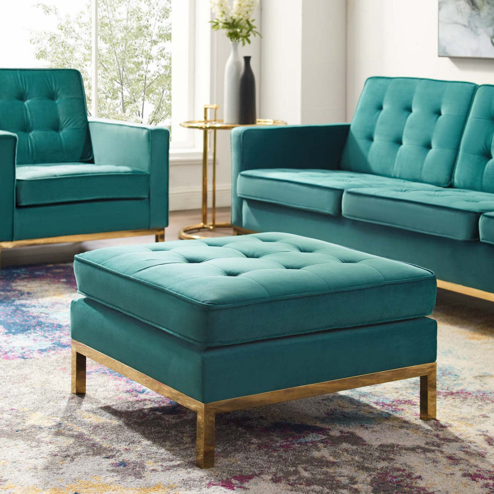Accent Chair Ottoman, Velvet, Gold Teal Blue, Modern, Living Lounge Hospitality