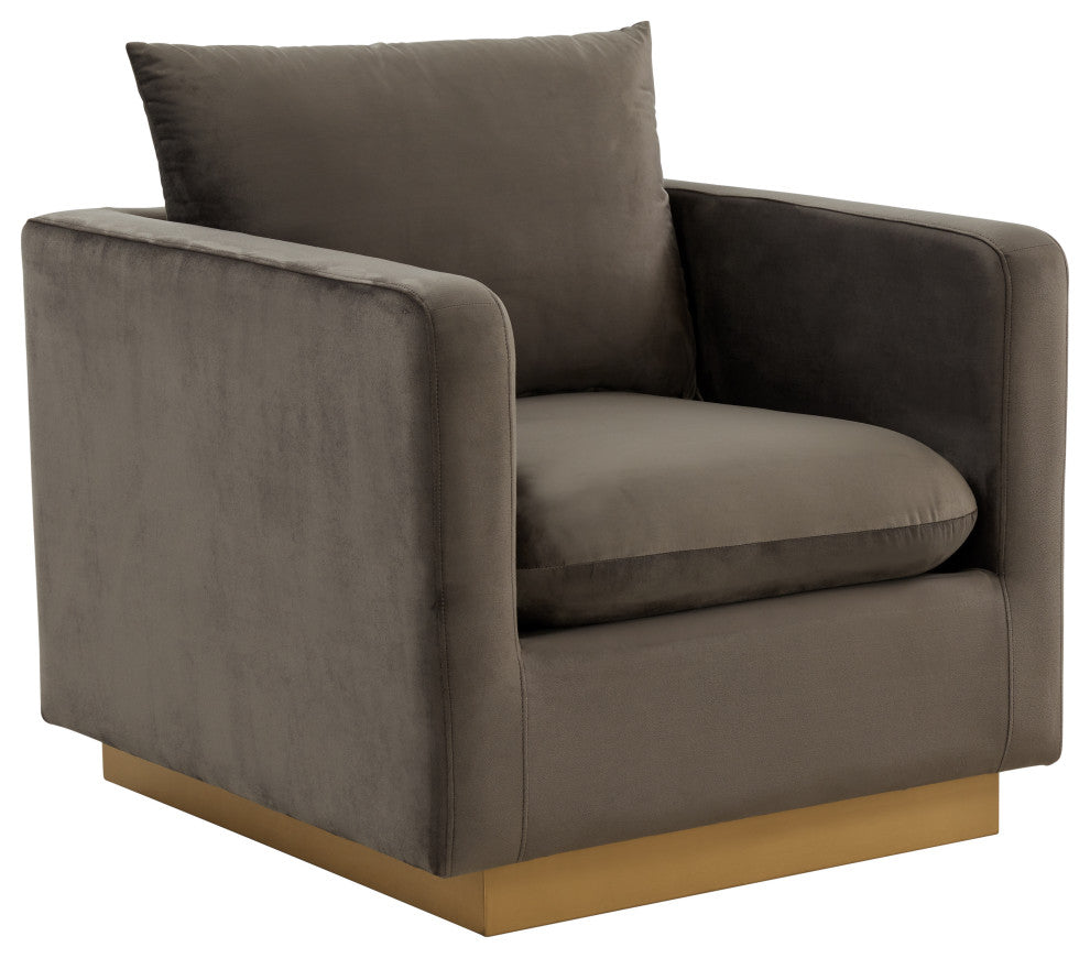 LeisureMod NS32DGR Nervo Dark Grey Velvet Accent Armchair With Gold Frame