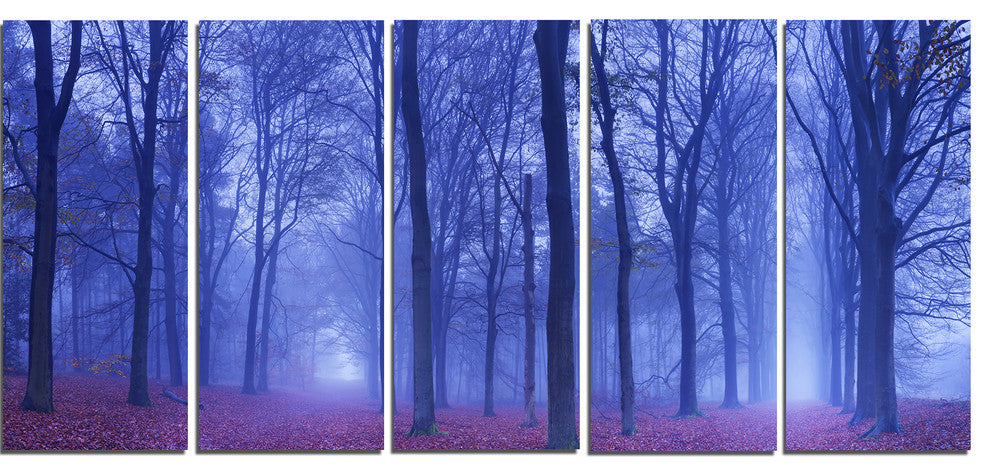 Two Paths in Foggy Blue Forest, Landscape Canvas Art Print, 60"x28", 5 Panels