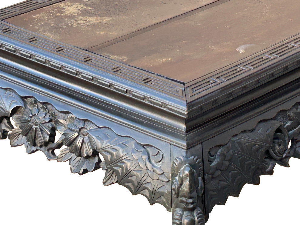 Vintage Chinese Black Relief Floral Carving Claw Legs Side Console Table Hws4812