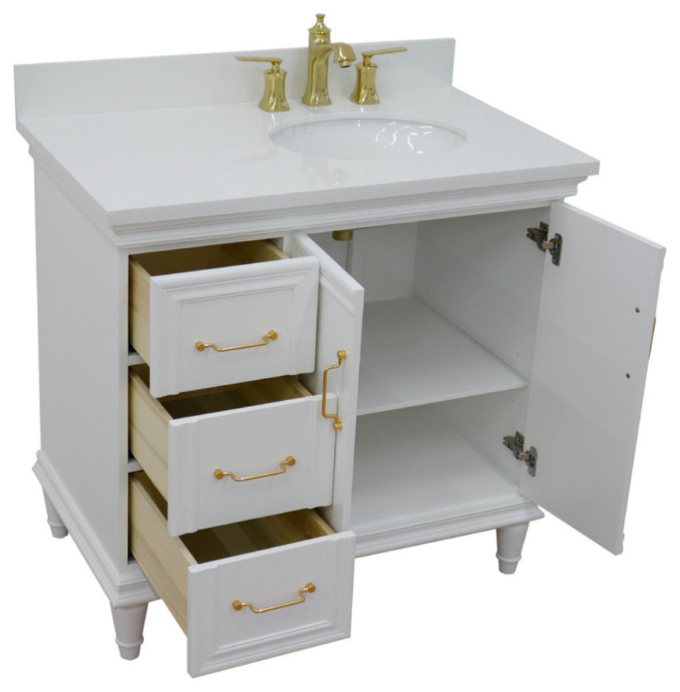 37" Single Vanity, White Finish With White Engineered Stone Top