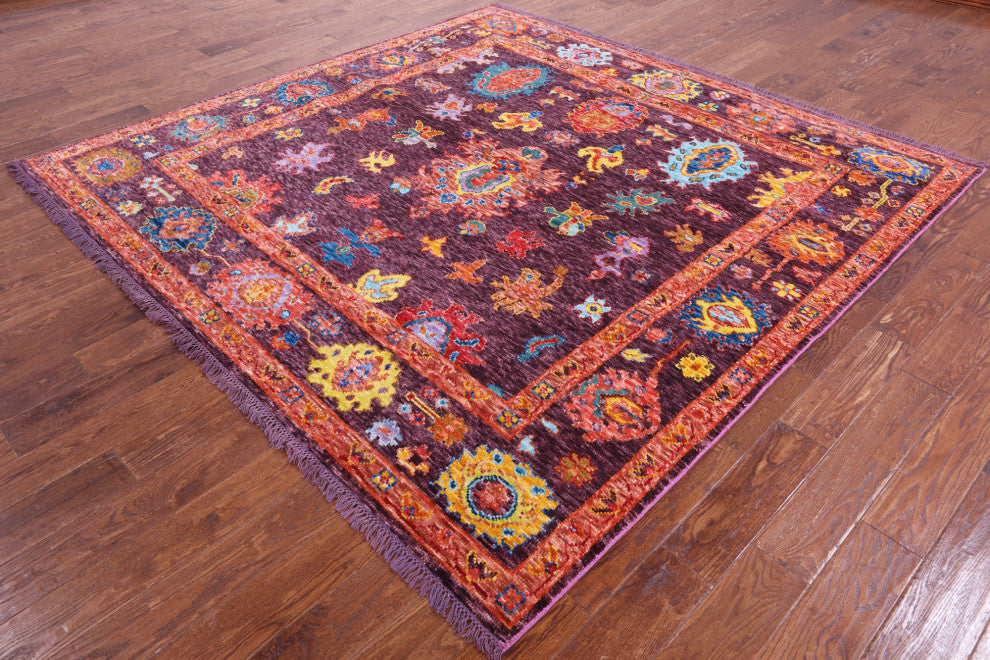 8' Square Hand-Knotted Turkish Oushak Wool Rug - Q14849