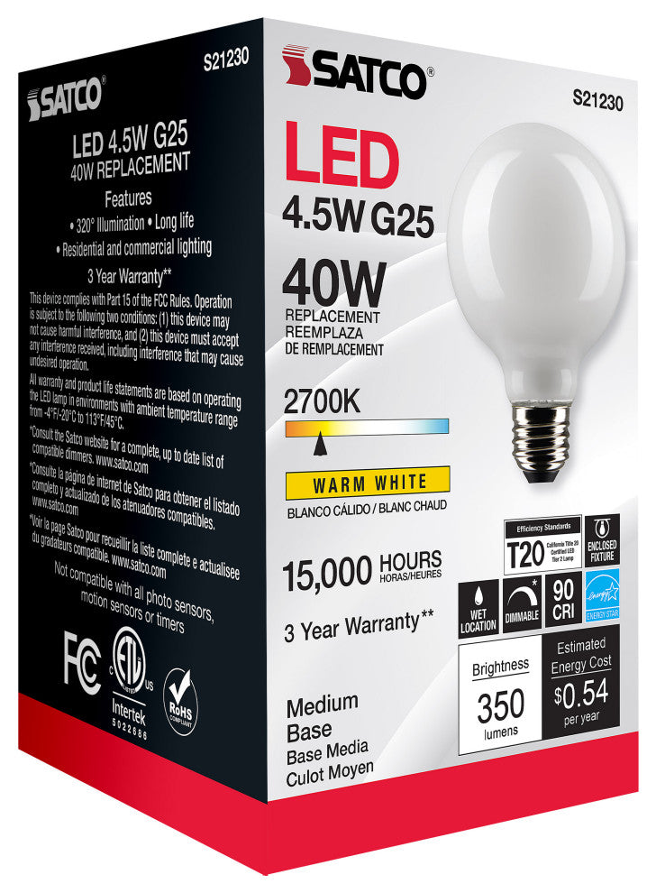 4.5W G25 LED, White, Medium Base, 90 CRI, 2700K, 120V