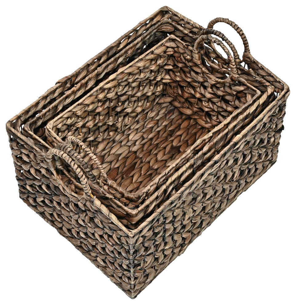 Quinn Cottage Woven Hyacinth Rectangular Storage Baskets With Handles, Set of 3