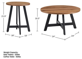 3-Piece Coffee Table Set Industrial Modern Round Coffee Table and 2 Side Tables